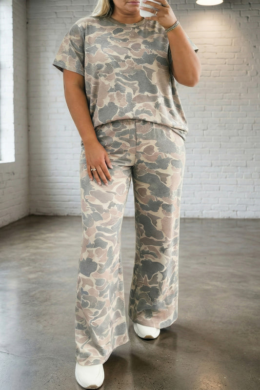 Plus Size Camo Top & Wide Leg Pants Set