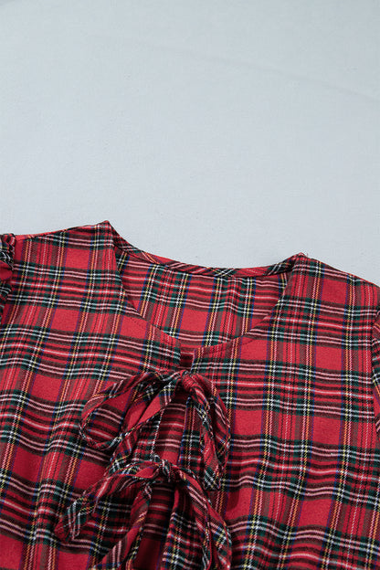Plaid Bow Tie Front Puff Long Sleeve Dress