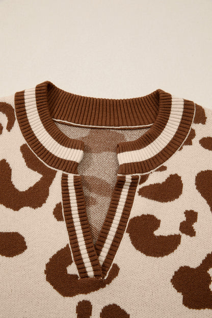 Leopard Knit V-Neck Sweater