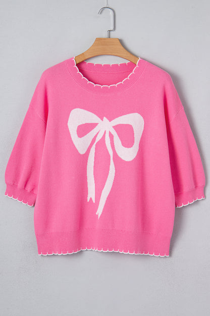 Bow Tie Contrast Stitch 3/4 Sleeve Sweater