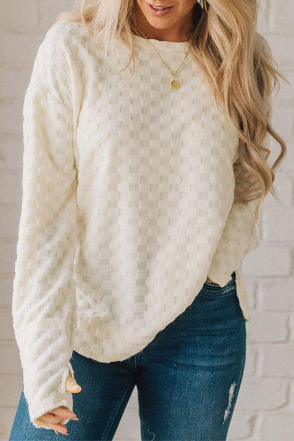 Checker Textured Thumbhole Sleeve Top