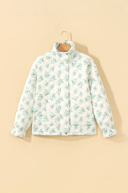 Floral Quilted Ruffle Sleeve Puffer Coat w/ Pockets