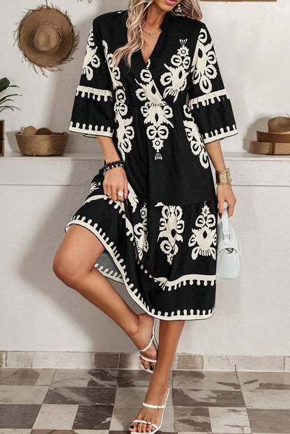 Western Geometric 3/4 Sleeve Midi Dress