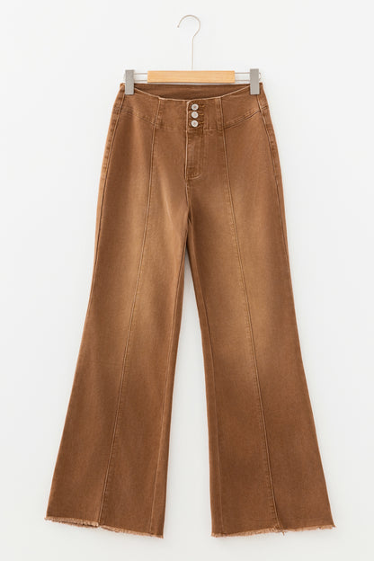Solid Buttoned High Waist Raw Hem Flare Jeans
