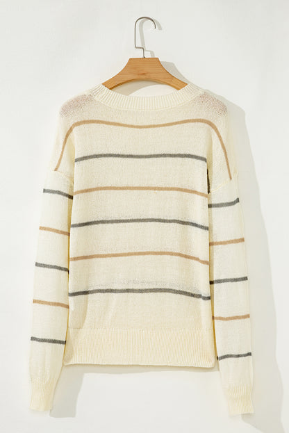 Stripe Ribbed Trim Drop Shoulder Sweater