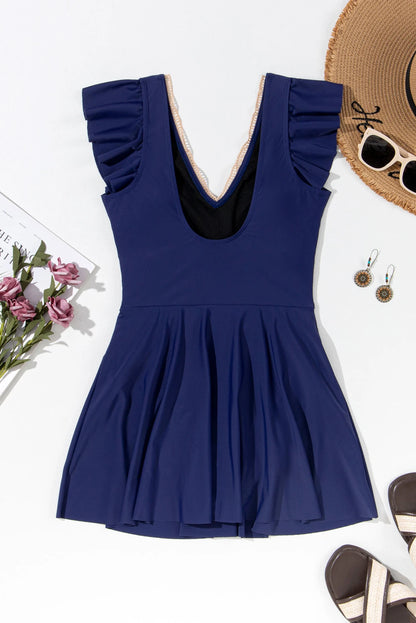 Ruffle Lace Trim V-Neck Short Sleeve Swim Dress