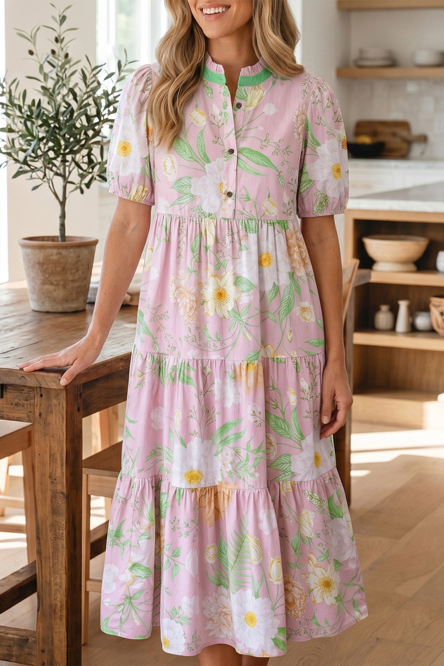 Floral Puff Sleeve Ruffle Tiered Maxi Dress