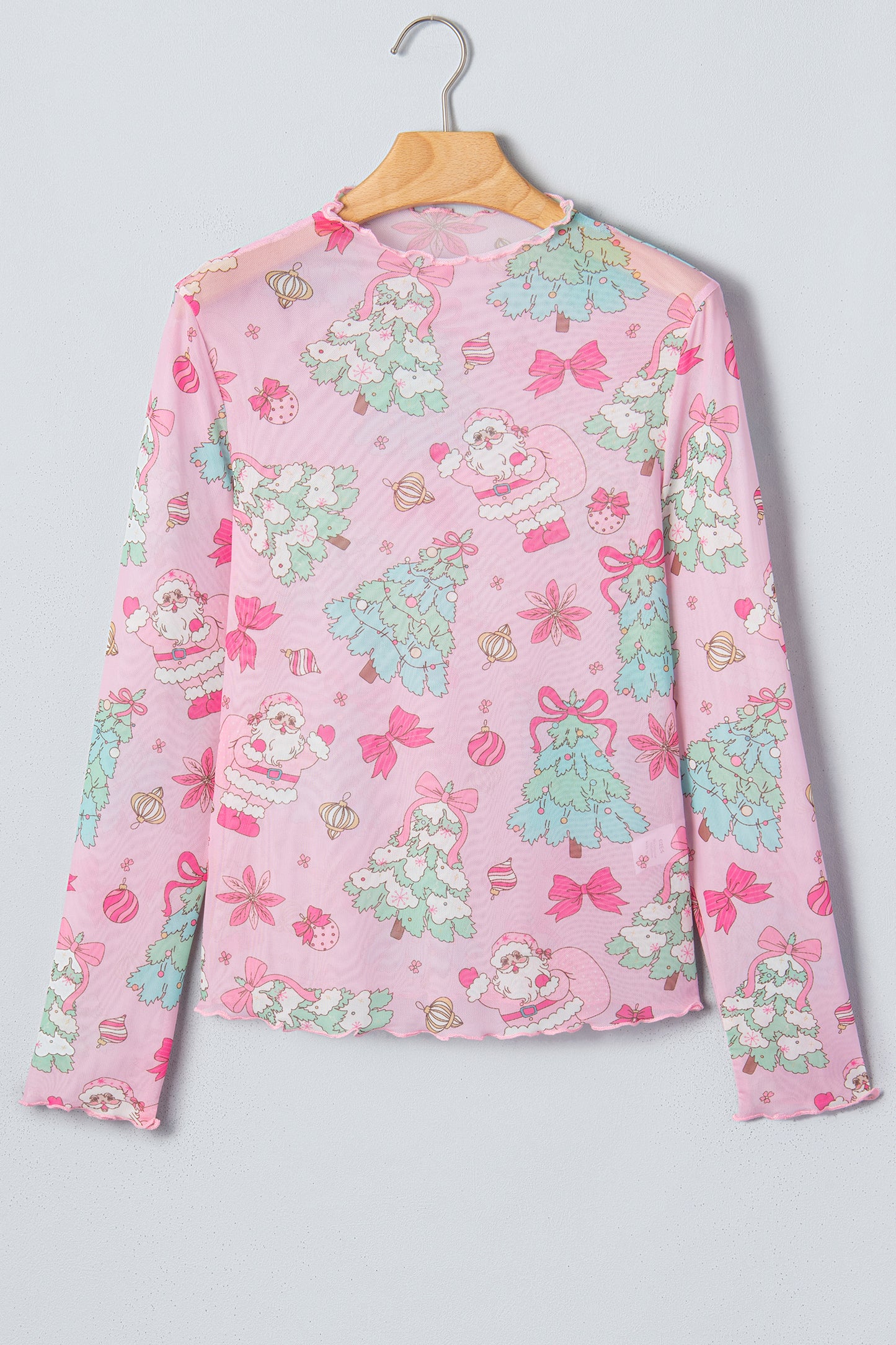 Christmas Mesh Lettuce Trim Long Sleeve Top