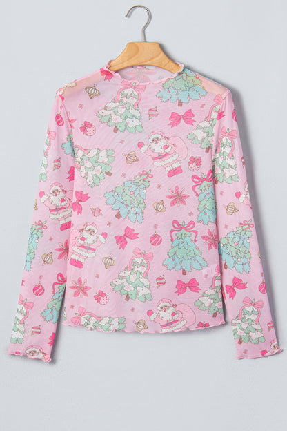 Christmas Mesh Lettuce Trim Long Sleeve Top