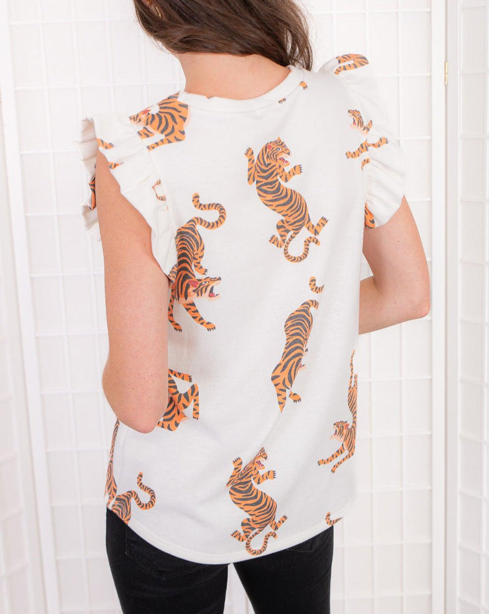 Tiger Flutter Sleeve Crewneck Blouse