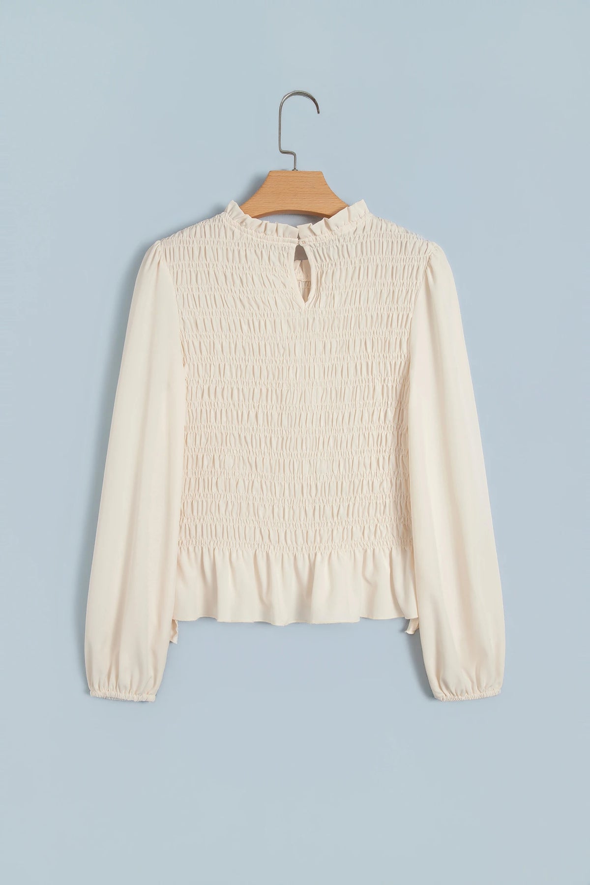 Solid Smocked Ruffle Hem Long Sleeve Blouse