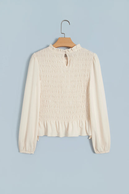 Solid Smocked Ruffle Hem Long Sleeve Blouse