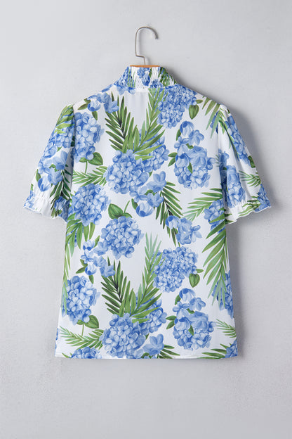 Floral Palm Stripe Patchwork V-Neck Short Sleeve Blouse