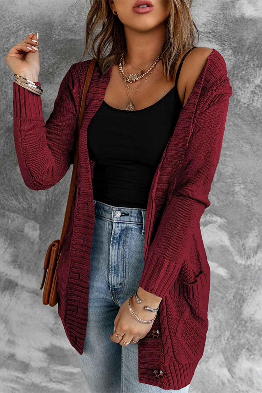 Cable Button Front Pocketed Cardigan