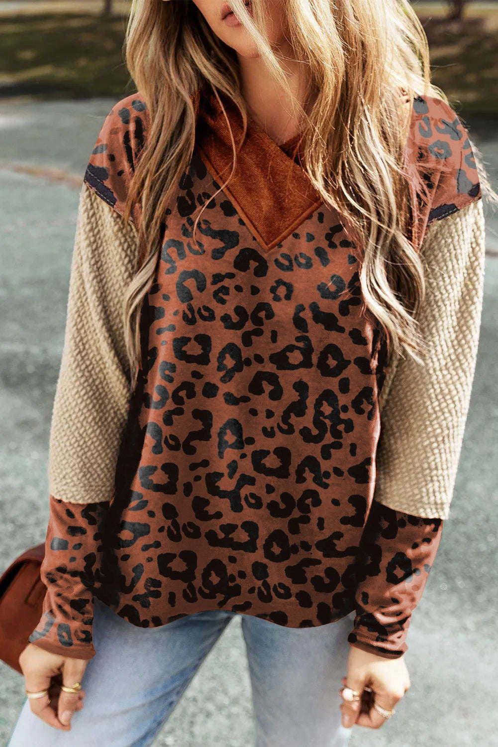 Leopard Colorblock Crossed V-Neck Hoodie