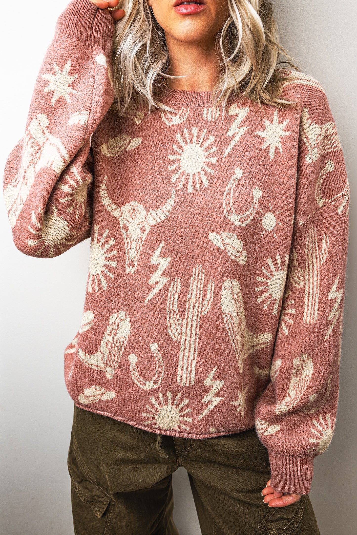 Western Drop Shoulder Long Sleeve Sweater