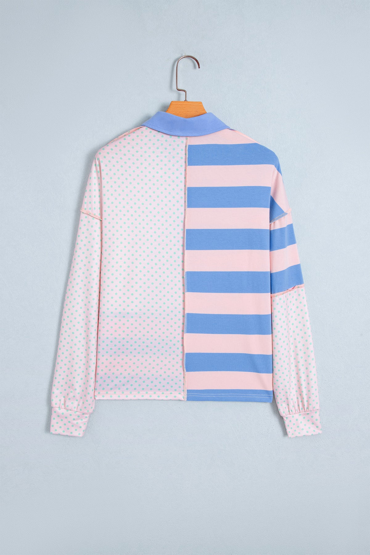 Stripe Polka Dot Patchwork Exposed Seam Polo Top
