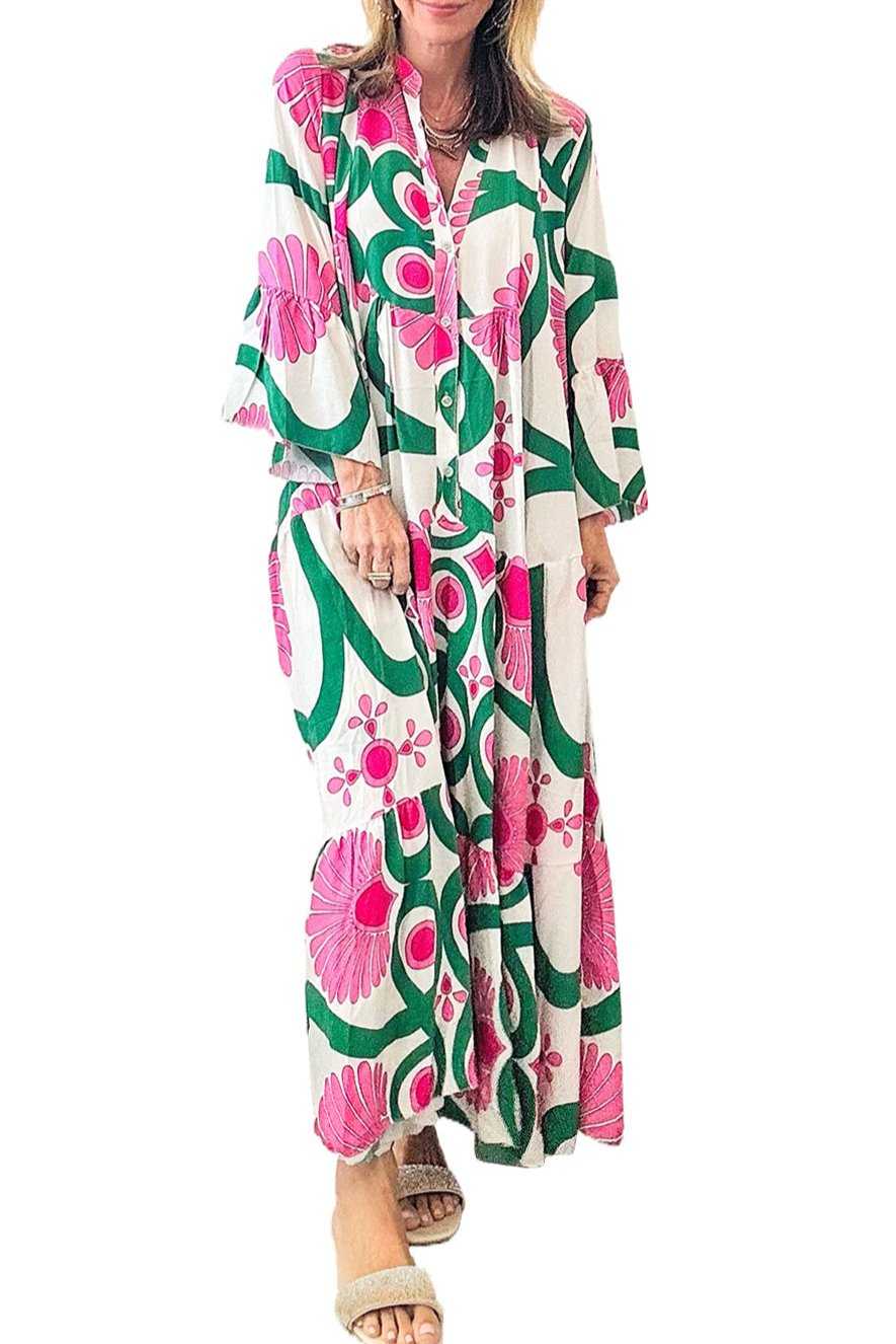 Floral Buttoned Long Sleeve Maxi Dress