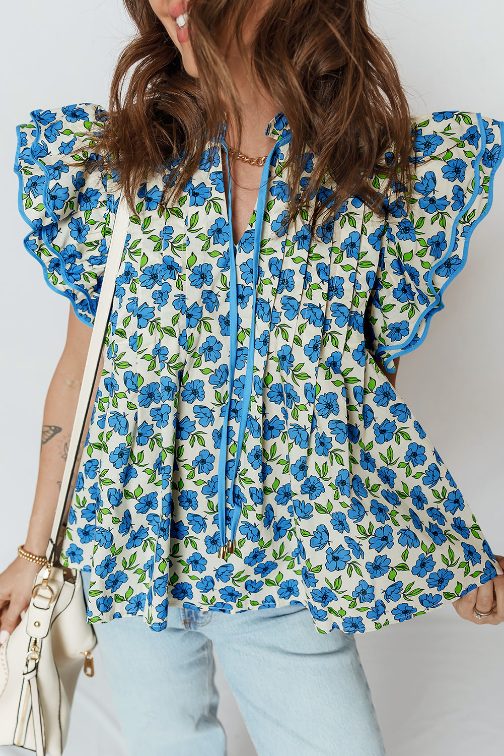 Flower Tiered Flutter Sleeve Pleated Blouse