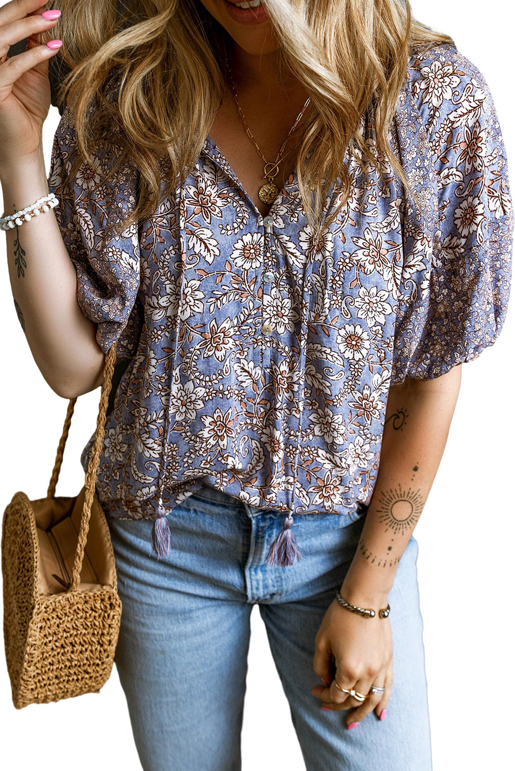 Floral Tassel Bubble Sleeve Blouse