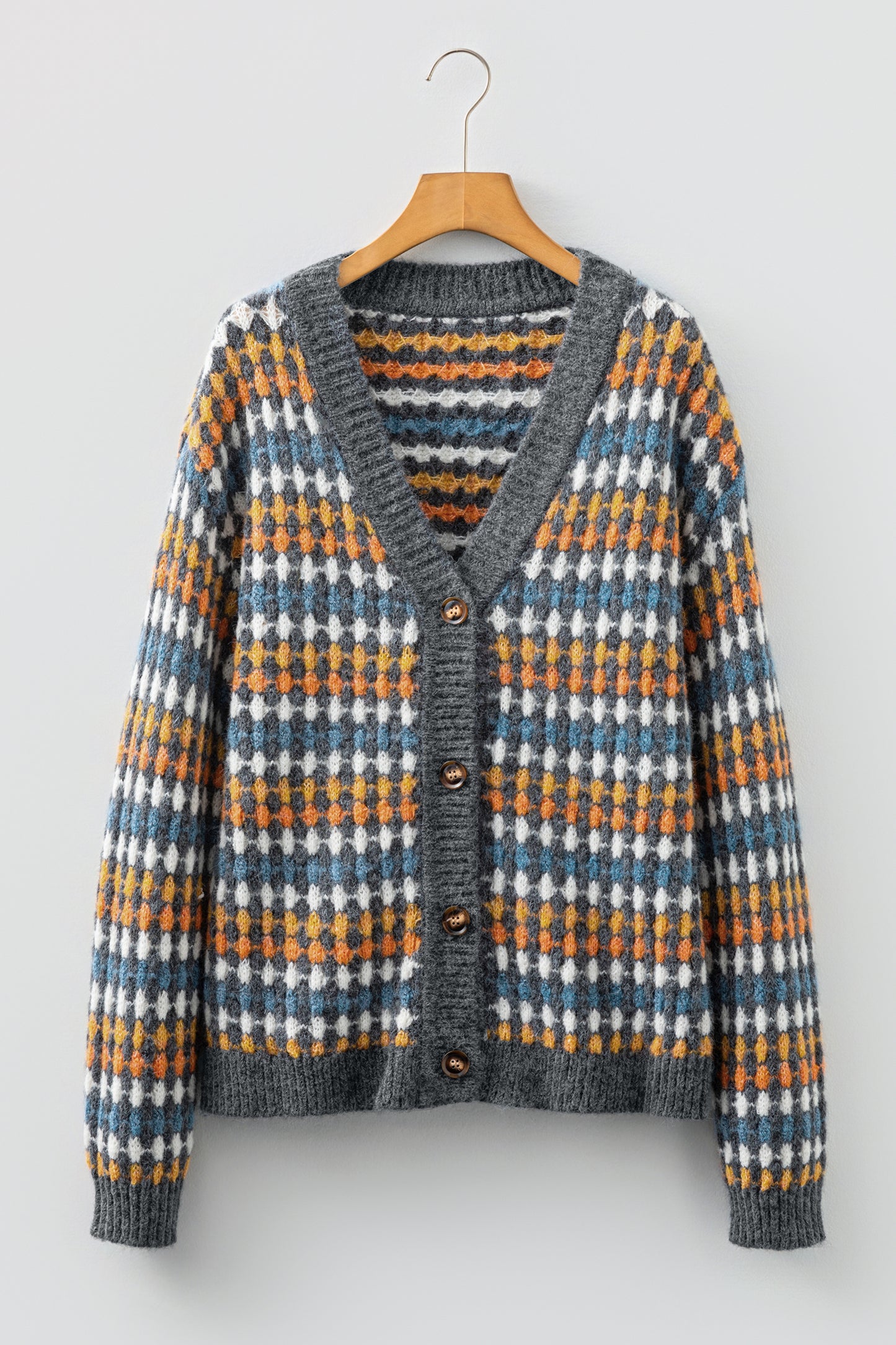 Dotted Diamond Knit Button-Up V-Neck Sweater Cardigan