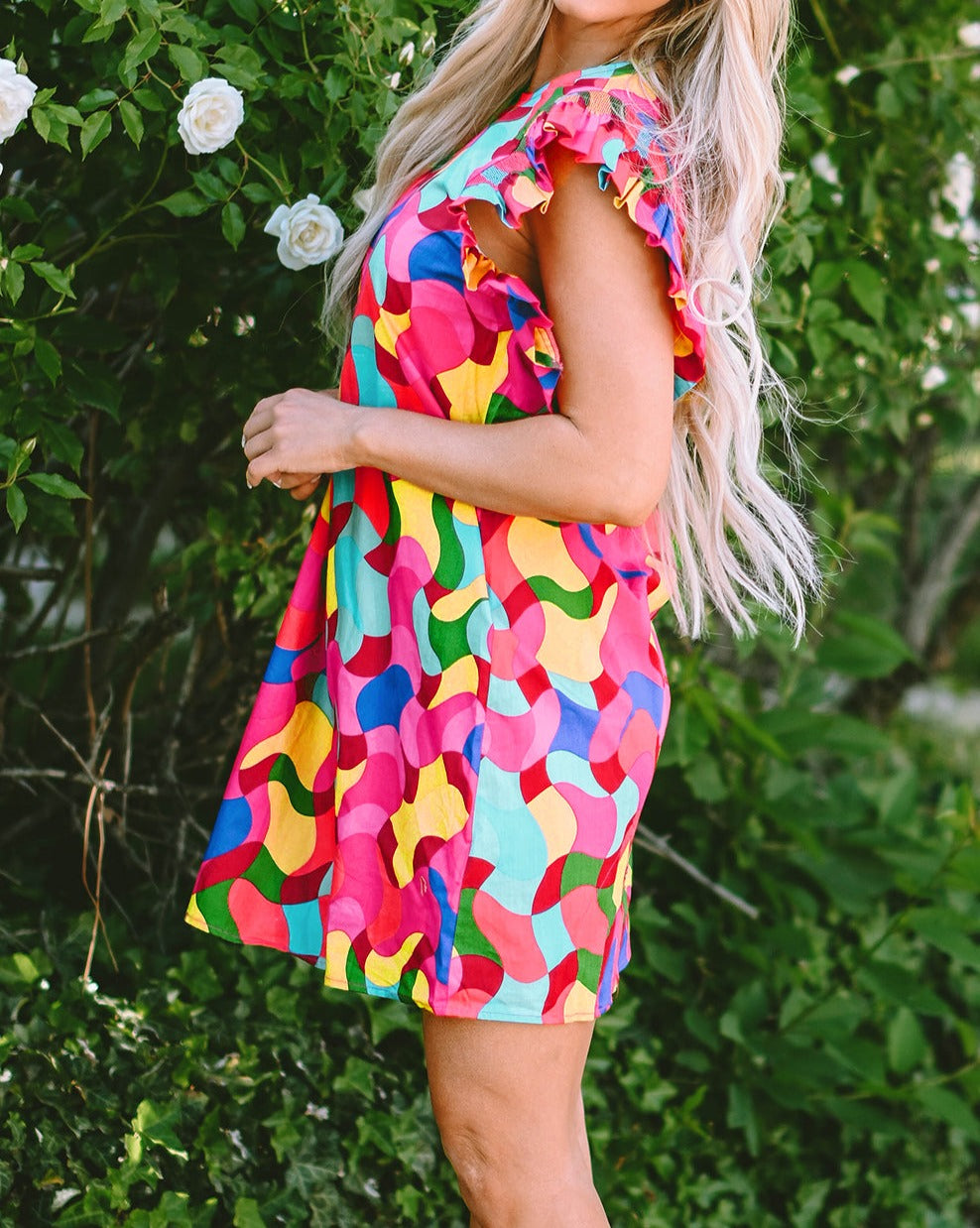 Abstract Ruffle Sleeve Shift Dress