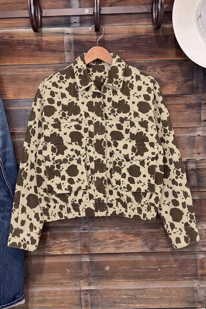 Western Cow Print Denim Cargo Pocket Zip Up Jacket
