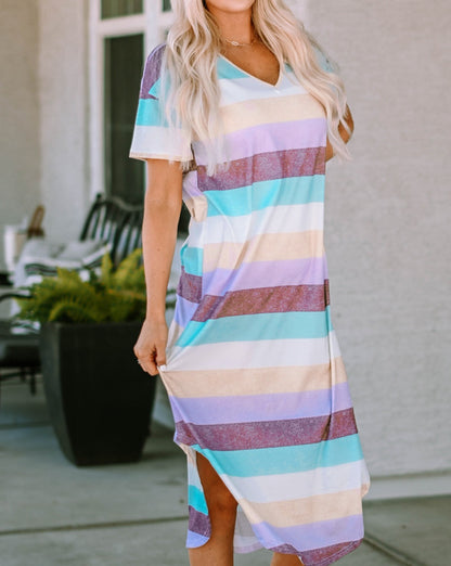 Stripe V-Neck T-Shirt Midi Dress