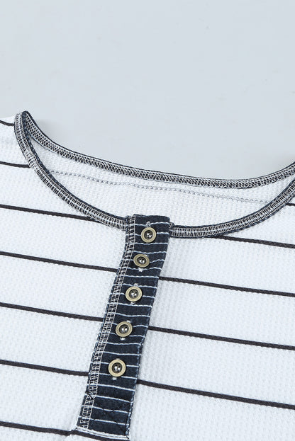 Stripe Waffle Knit Buttoned Henley Top