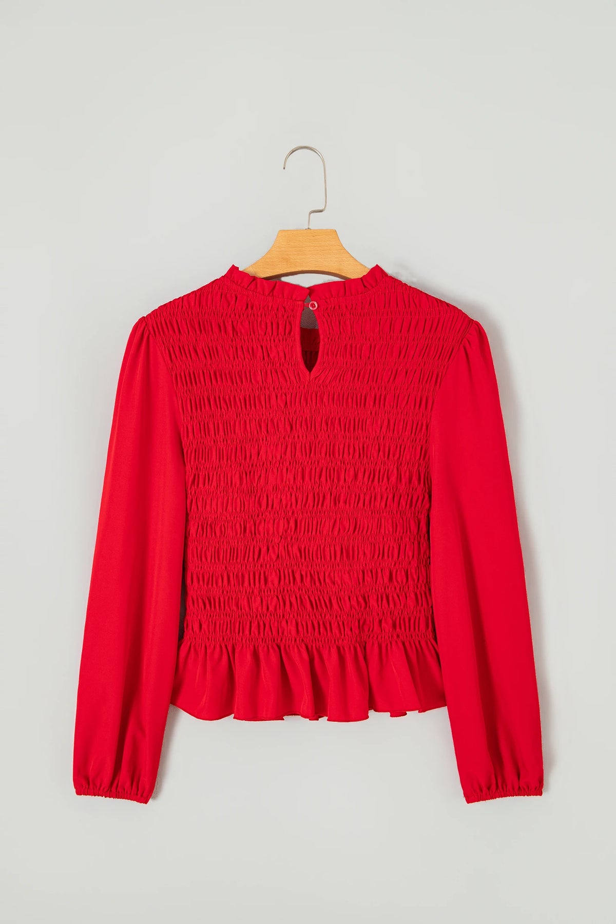 Solid Smocked Ruffle Hem Long Sleeve Blouse
