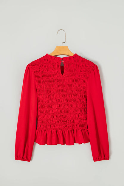 Solid Smocked Ruffle Hem Long Sleeve Blouse