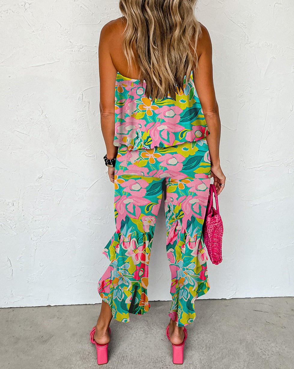 Tropical Strapless Ruffle Jumpsuit