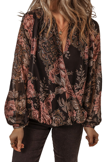 Floral Wrap V-Neck Balloon Sleeve Blouse