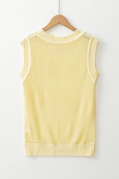 Solid Hollowed Knit Sleeveless Sweater Top