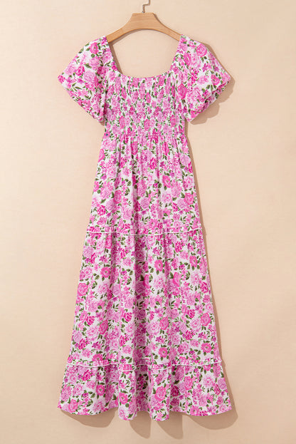 Dainty Floral Smocked Puff Sleeve Flowy Maxi Dress