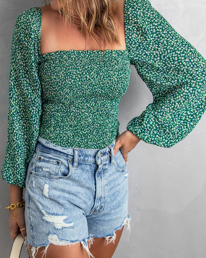 Floral Smocked Square Neck Top