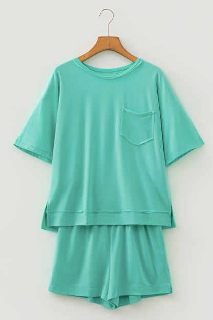 Oversized Raw Edge Patch Pocket Top & Shorts Set