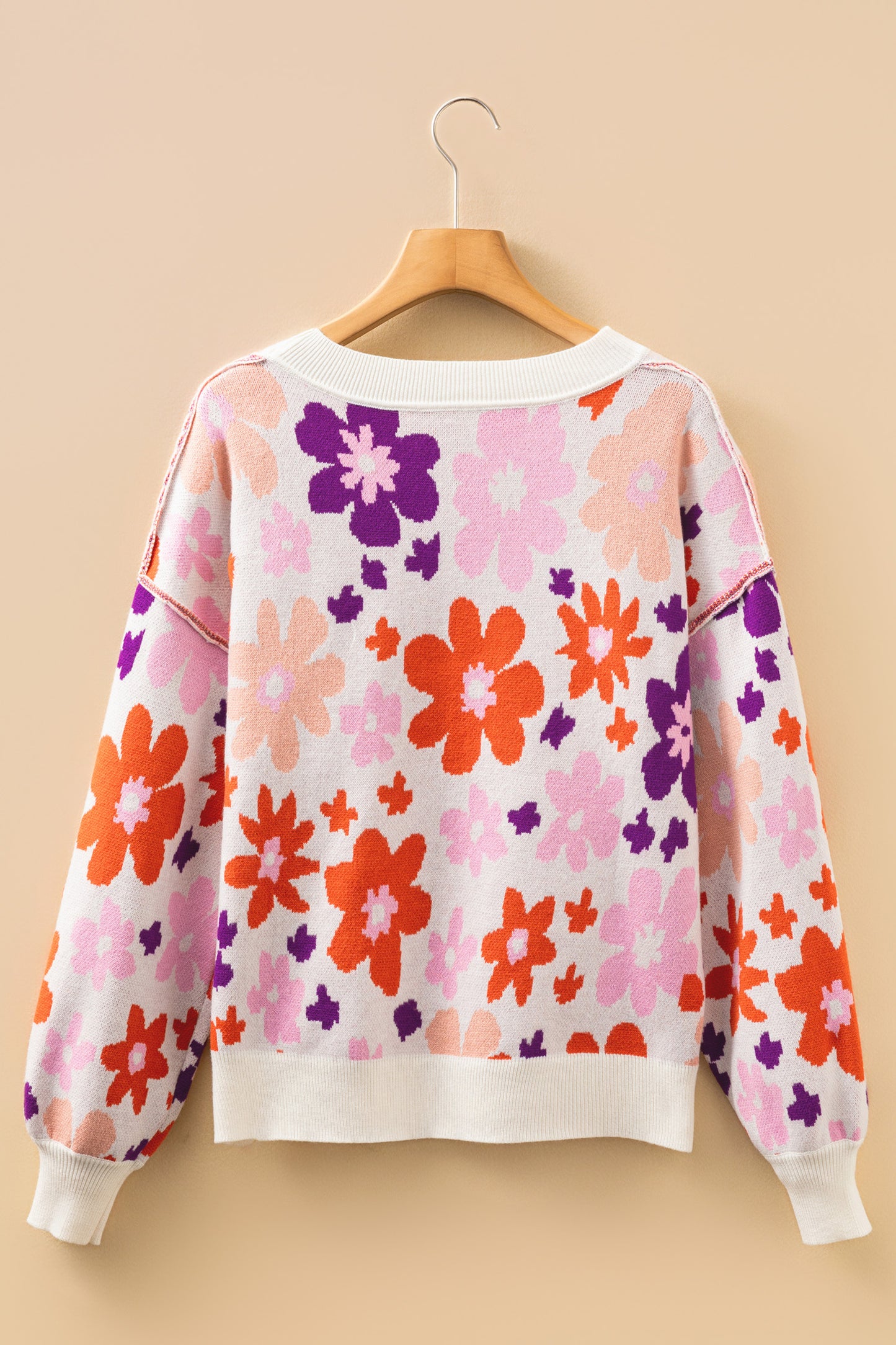 Floral Ribbed Trim Drop Shoulder Sweater