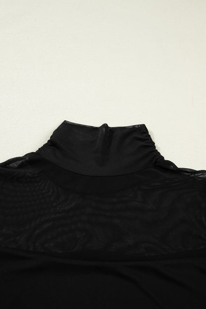 Sheer Mesh Patchwork High Neck Long Sleeve Top