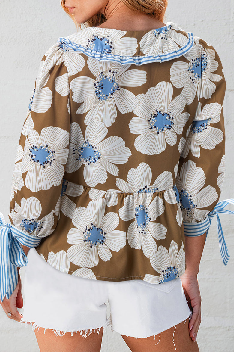 Floral Stripe Collared V-Neck Blouse