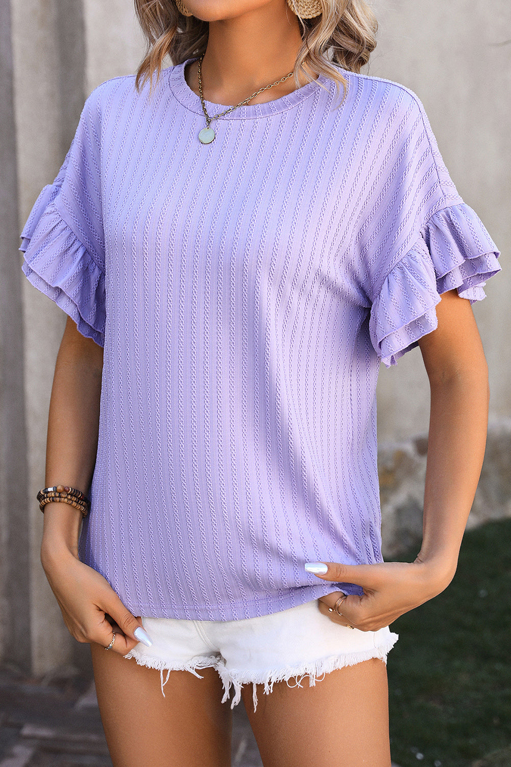 Ribbed Ruffle Short Sleeve Top