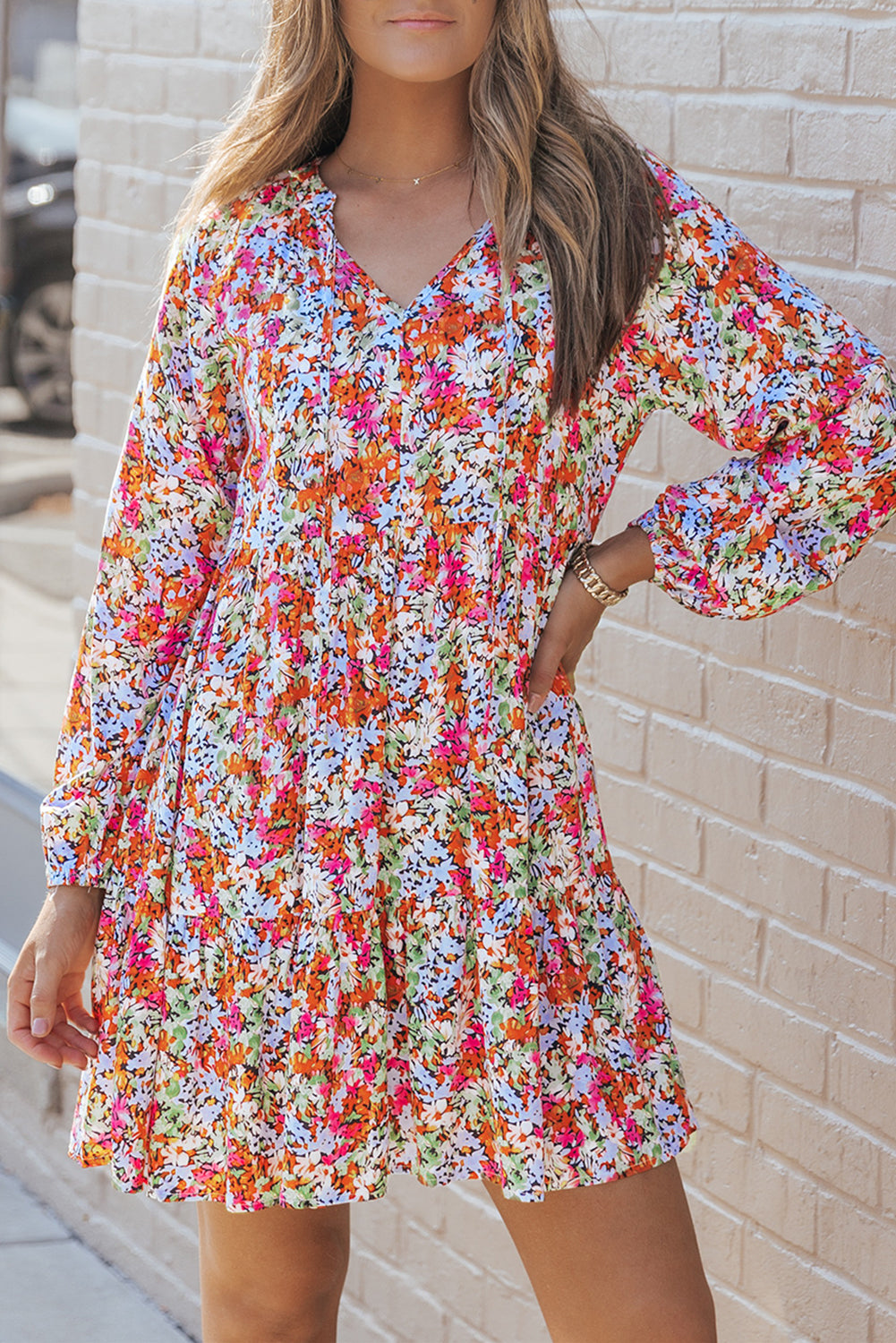 Floral Long Sleeve V-Neck Dress