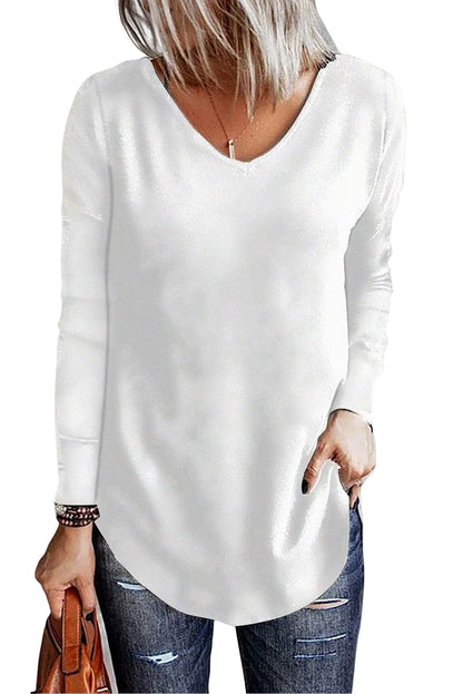 Solid V-Neck Long Sleeve Top