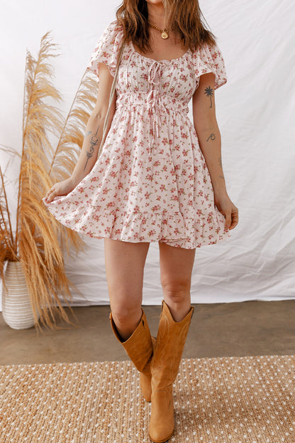 Floral Front Tie Shirred Waist Ruffle Mini Dress