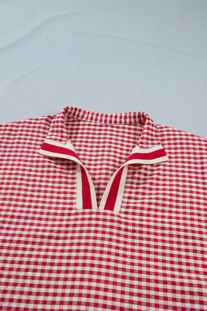 Gingham Plaid Colorblock Trim Split Neck Blouse