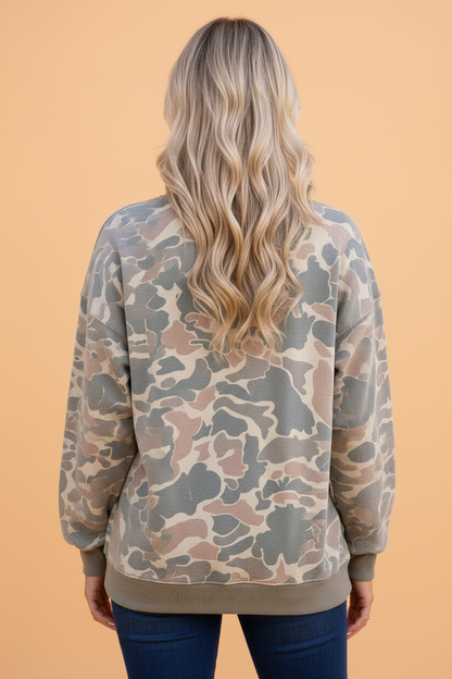 Camo Ribbed Trim Crew Neck Pullover Sweatshirt