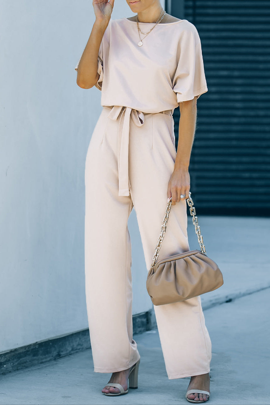 Solid Belted Wide Leg Jumpsuit