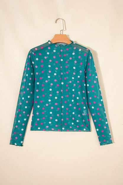 Polka Dot Mesh Bodycon Mock Neck Top