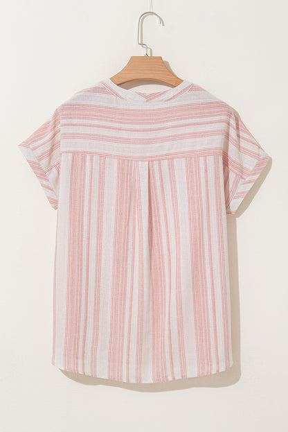 Stripe Half Buttoned Short Sleeve Blouse
