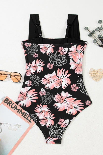 Floral Solid Square Neck Ruched One-Piece Swimsuit